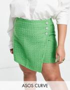 Asos Design Curve Boucle Mini Skirt With Diamante Buttons In Green