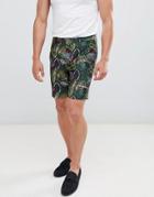 Asos Suit Shorts In Green Botanical Print Linen Look - Green