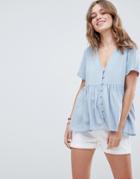 Asos Design Button Smock Top - Blue