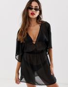 Asos Design Kimono Sleeve Tie Back Chiffon Beach Cover Up In Black - Black