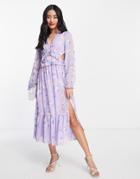 Miss Selfridge Ruffle Detail Cut Out Midaxi Dress In Lilac Floral-purple