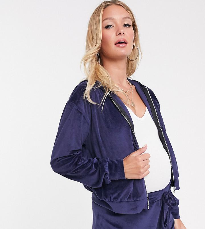 Fashionkilla Maternity Cropped Zip Through Velvet Hoody In Navy-beige