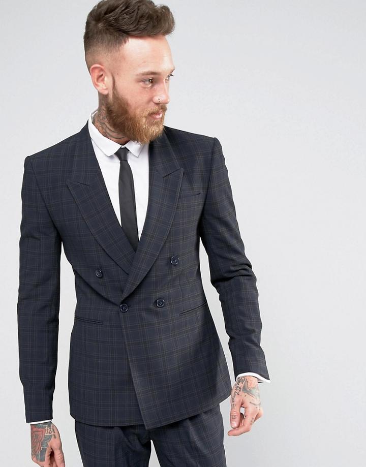 Asos Super Skinny Double Breasted Jacket In Navy Tonal Check - Blue