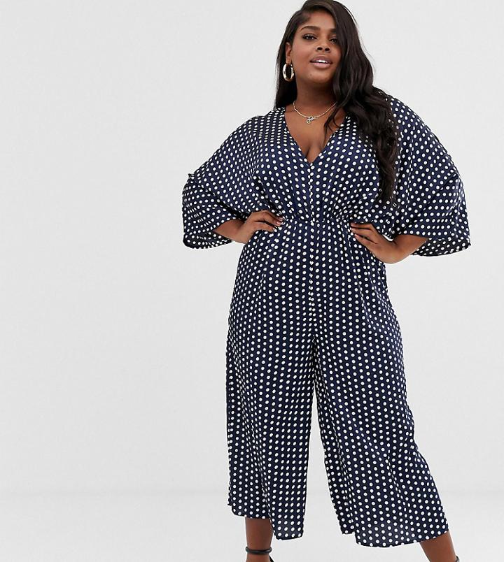 Missguided Plus Kimono Sleeve Jumpsuit In Navy Polka Dot - Multi