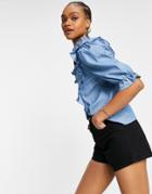Vila Denim Blouse With Frill Detail In Blue-blues