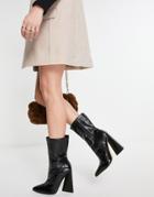 Ego Global Flare Heel Ankle Boots In Black Croc