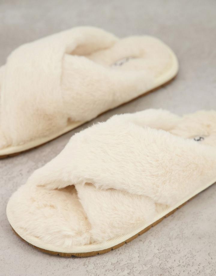 Qupid Fluffy Cross Strap Slippers In Cream-white