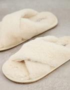 Qupid Fluffy Cross Strap Slippers In Cream-white