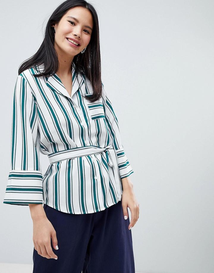 Monki Wrap Belted Stripe Blouse - Green