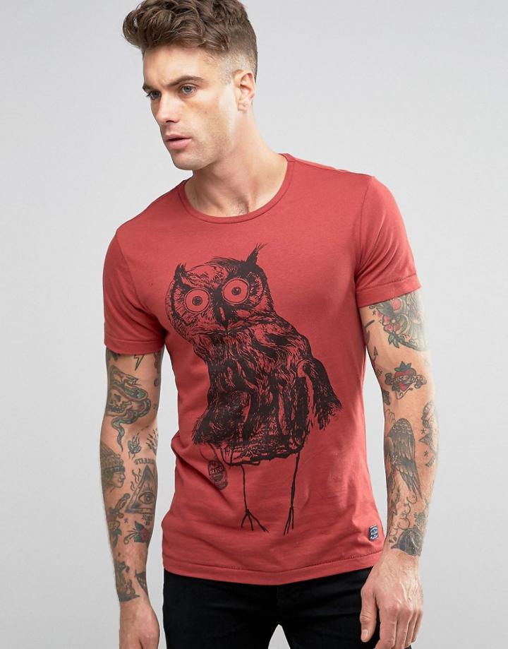 Blend Slim Owl Print T-shirt Wood Red - Red