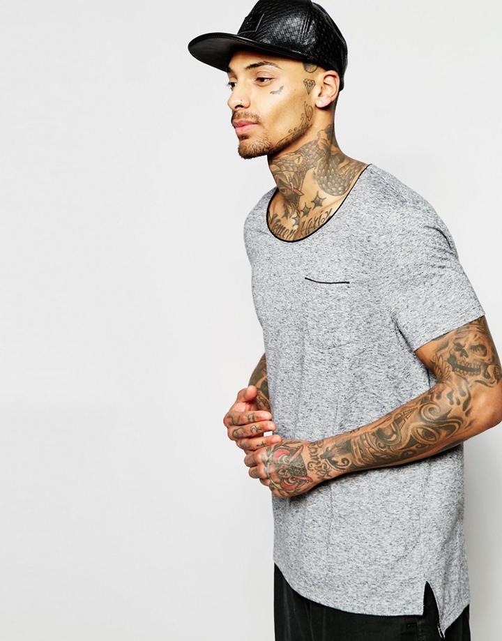 Asos Longline T-shirt With Contrast Piping In Linen Mix With Step Hem In Ebony - Ebony