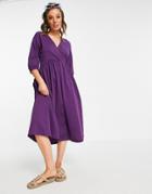 Asos Design Midi Smock Dress With Wrap Top In Aubergine-purple
