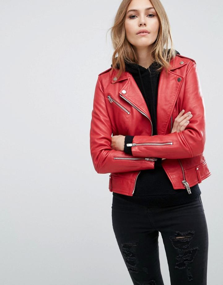 Mango Real Leather Biker Jacket - Red