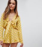 Glamorous Petite Romper With Frill Shorts And Bow Front In Polka Dot