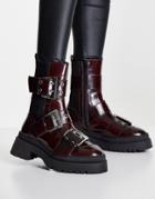 Asos Design Angela Premium Leather Moto Boots In Burgundy-red