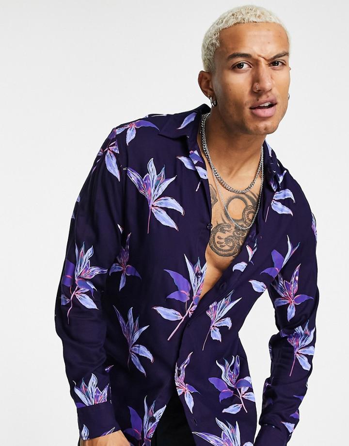 Jack & Jones Originals Long Sleeve Shirt With Dark Floral Print-navy