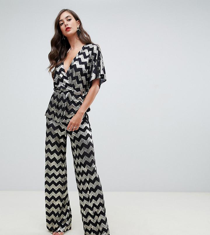 Flounce London Tall Wide Leg Pants In Gold Metallic - Black