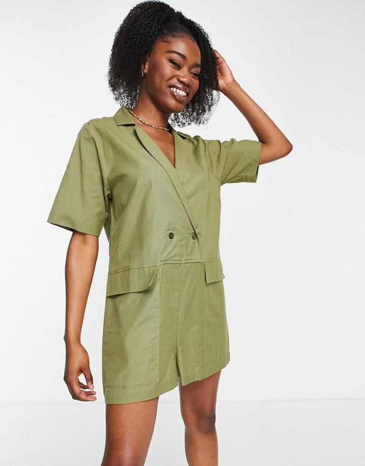 Asos Design Oversized Double Breasted Romper In Khaki-white