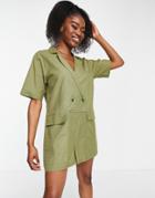Asos Design Oversized Double Breasted Romper In Khaki-white