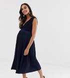 Asos Design Maternity Premium Lace Insert Pleated Midi Dress-navy