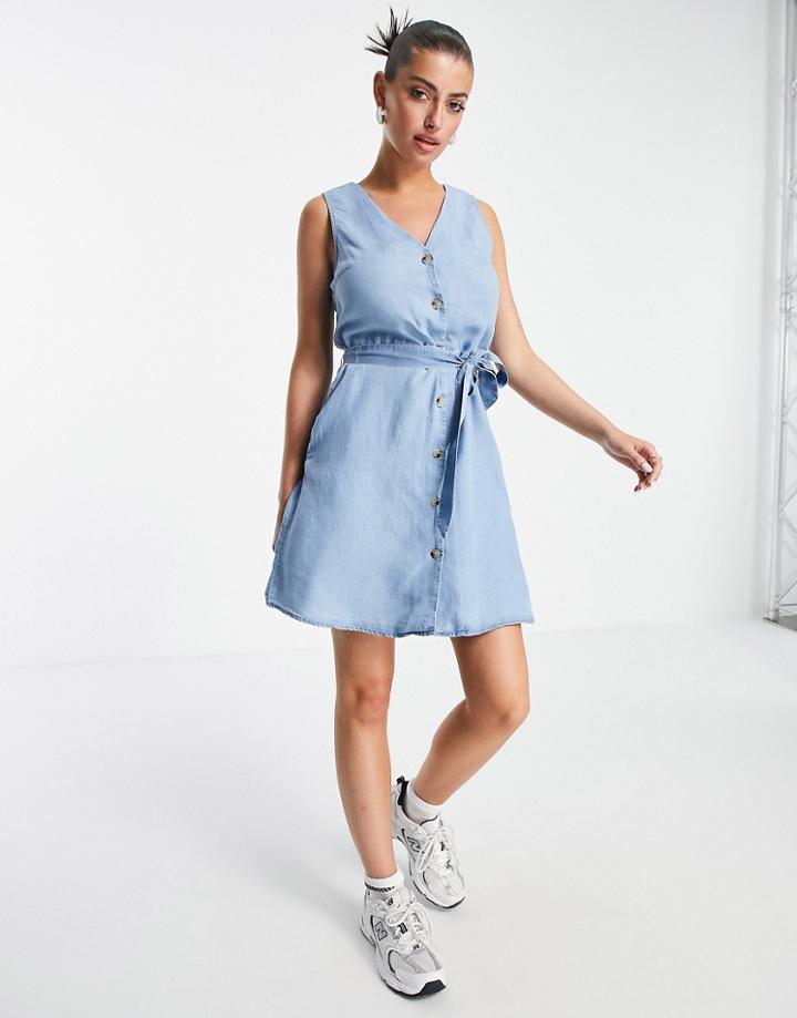 Vero Moda Sleeveless Belted Waist Mini Dress In Blue-blues