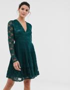 Asos Design Pleated Lace Insert Mini Skater Dress-green