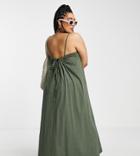 Asos Design Curve V-neck Maxi Dress With Pep Hem In Khaki-green
