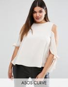 Asos Curve Cold Shoulder Top With Tie Sleeve - Pink