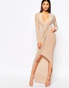 Club L Slinky Maxi Dress With Knot Front Detail - Nude