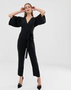 Asos Design Jumpsuit With Self Belt And Kimono Sleeve - Black