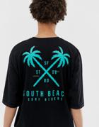 Asos Design Organic Cotton Oversized Longline T-shirt With Palm Tree Chest & Back Print With Rolled Half Sleeve-black