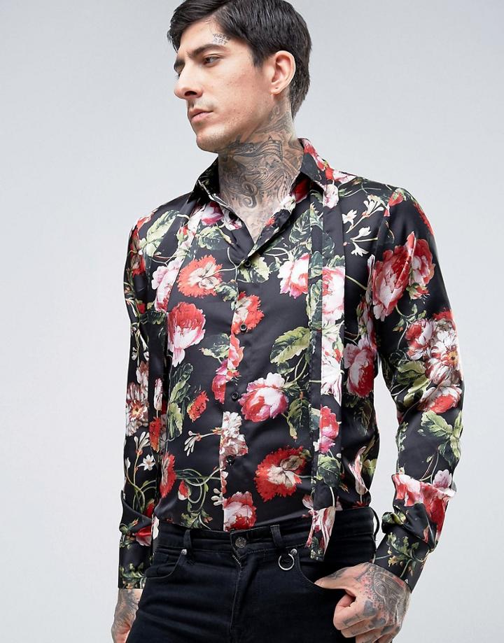 Rogues Of London Skinny Floral Shirt With Removable Scarf Tie - Black