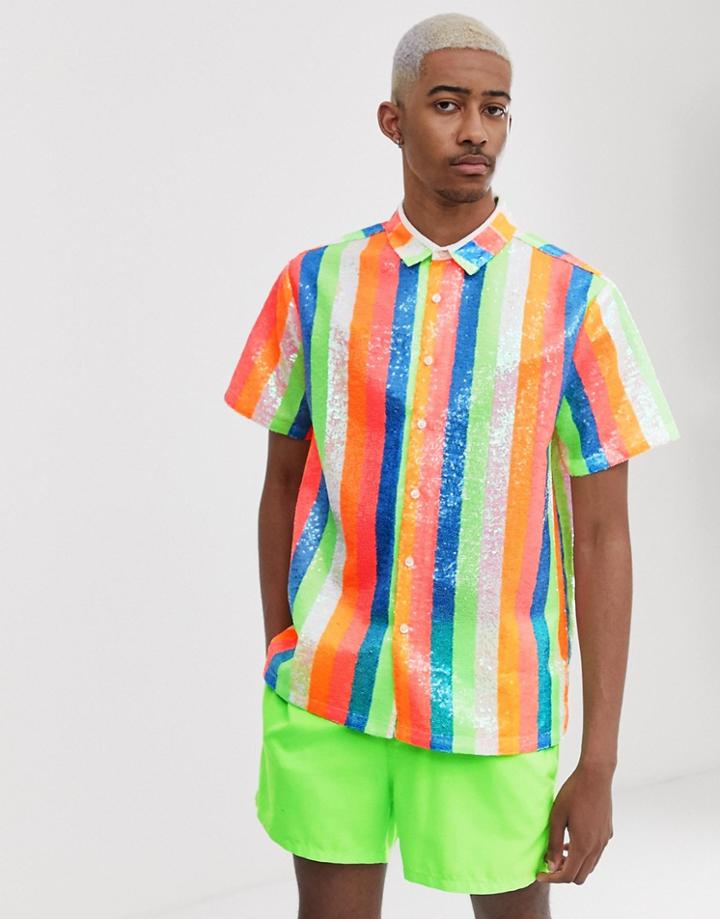 Asos Design Regular Fit Sequin Shirt In Pastel Rainbow-multi