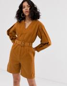 Asos White V-neck Belted Romper-multi