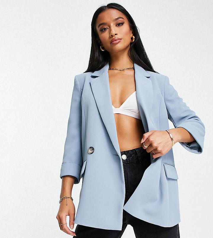 River Island Petite Ruched Sleeve Blazer In Light Blue