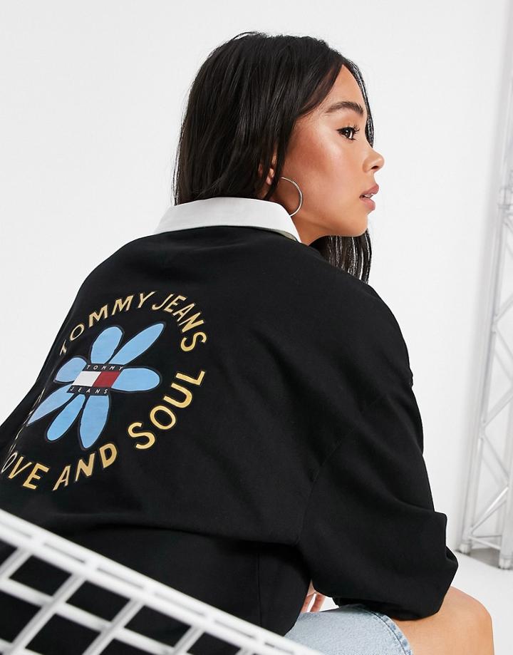 Tommy Jeans Cropped Rugby Polo Sweater In Black