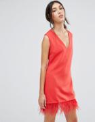 Daisy Street Shift Dress With Feather Hem - Red