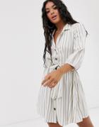 Asos Design Button Through Mini Shirt Dress With Ruched Waist In Stripe - Multi