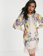 Asos Edition Blouson Sleeve Floral Embroidered Mini Dress-multi