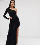 Club L London Tall One Shoulder Thigh Split Maxi Dress In Black - Black