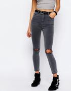 Asos Ridley High Waist Skinny Jeans In Slated Gray With Busted Knees - Slated Gray