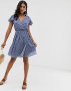 French Connection Belted Floral Wrap Dress-blue