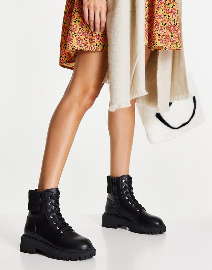 London Rebel Chunky Faux Fur Cuff Ankle Boots In Black