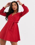 Asos Design Lightweight Denim Wrap Mini Dress With Puff Sleeve-red