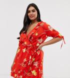 Influence Plus Floral Wrap Dress With Tie Sleeve And Ruffle In Red - Red