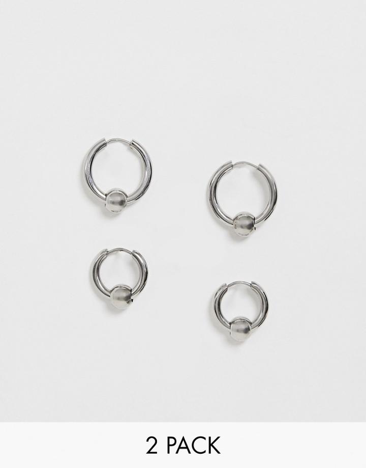 Asos Design 2 Pack Ball Hoop Earrings In Silver Tone - Silver