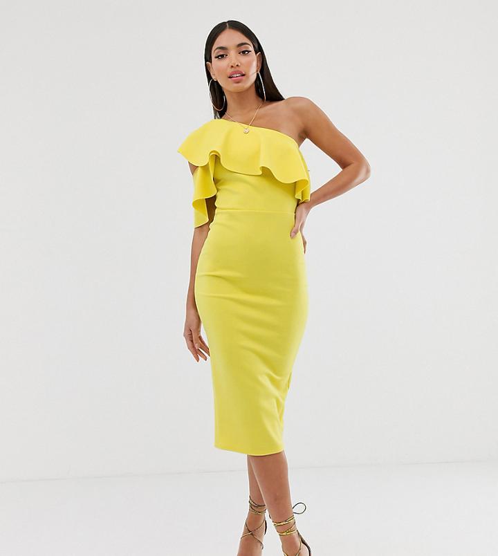 Asos Design Tall One Shoulder Ruffle Detail Midi Dress - Green