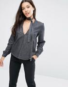Asos Deep Plunge Top With Choker Detail - Black