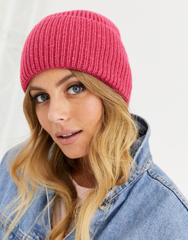 Asos Design Deep Turn Up Rib Beanie In Pink