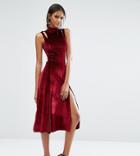 Asos Tall Velvet Midi Dress With Splices And Cut Out Shoulder Detail - Red
